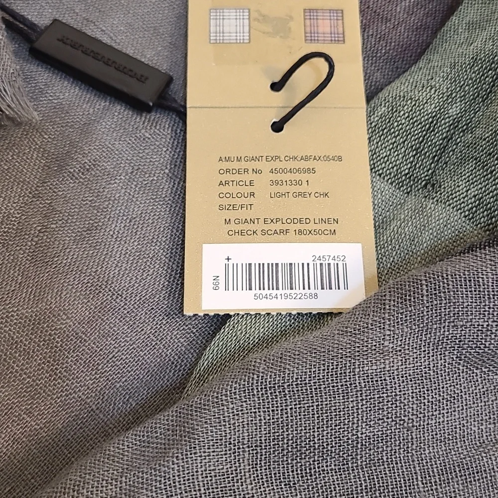 Burberry Scarf Medium Giant Exploded Linen Check In Green, Black, and Grey - Picture 6 of 6